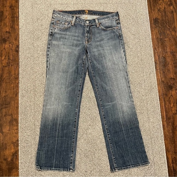 7 For All Mankind Jeans Womens Size 29 Blue Crop Bootcut Denim Rhinestone - Picture 1 of 14